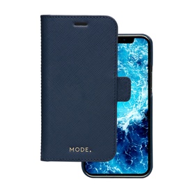 DBramante New York iPhone 12/12 Pro 6.1 Inch 2-In-1 Case in blue, saffiano-texture folio with gold logo detail