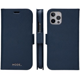 DBramante New York iPhone 12/12 Pro 2-In-1 Case in blue, shown open and closed, with card slot interior visible
