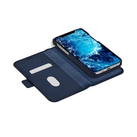 DBramante New York iPhone 12/12 Pro 6.1 Inch 2-In-1 Case in blue, open wallet folio showing card slot and phone screen