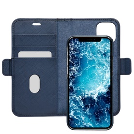 DBramante New York iPhone 12/12 Pro 6.1 Inch 2-In-1 Case in blue, shown open with card slots and detachable back cover