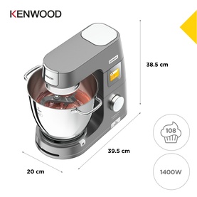 Kenwood stand mixer in silver with stainless steel bowl, dimensions shown: 38.5cm tall, 39.5cm wide, 20cm deep, 1400W motor