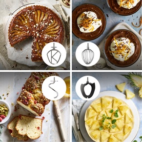 Four-panel lifestyle image showing baked cakes, whipped desserts, and sliced fruit alongside Kenwood mixer attachment icons
