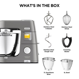 Kenwood stand mixer in silver with included accessories: K-Beater, whisk, dough tool, creaming beater, 7L EasyWarm bowl and 5L bowl