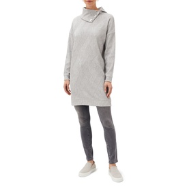 Model wearing Phase Eight Nico Asymmetric Textured Jersey Top in grey, long-sleeve cowl neck with button detail, styled with grey skinny jeans