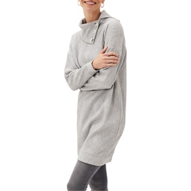 Model wearing Phase Eight Nico Asymmetric Textured Jersey Top in grey, long-length cowl neck with button detail, styled with grey leggings