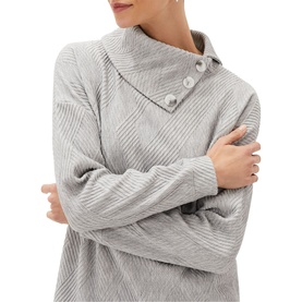 Model wearing Phase Eight Nico Asymmetric Textured Jersey Top in grey, with cowl neck and button detailing, long sleeves, arms crossed