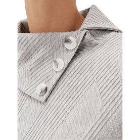 Model wearing Phase Eight Nico Asymmetric Textured Jersey Top in grey, close-up of button detail and textured fabric at neckline