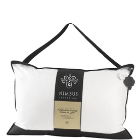 Nimbus Quilt Hungarian Goose Down Pillow Gold Collection, white pillow with black branded carry bag and label