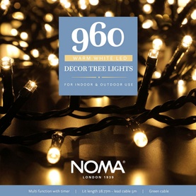 Noma 960 Warm White LED Tree Lights, warm-toned bulbs on green cable, 28.77m length, for indoor and outdoor use.