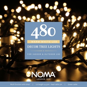 Noma 480 Warm White Tree Lights, 14.37m warm white LED string lights on dark green cable for indoor and outdoor use
