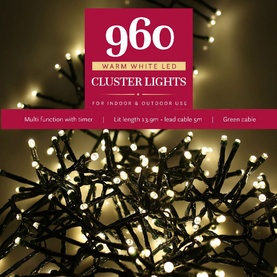 Noma 960 Warm White LED Cluster Lights, 13.9m string with warm glowing bulbs, suitable for indoor and outdoor use