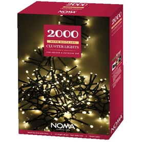 Noma 2000 Warm White LED Cluster Lights, 28.9m string, in white and black packaging for indoor and outdoor use.