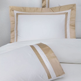 Valeron Nouveau Pillowcase in white cotton with tan border trim, shown as pair including Oxford and envelope styles