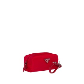 Prada Accessories Nylon Pouch in red with silver-tone triangle logo, zip closure, and detachable leather wrist strap