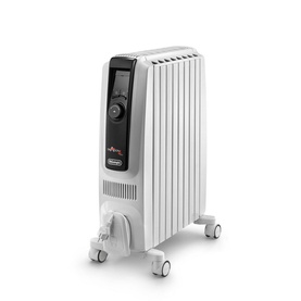 De'Longhi Dragon 4 Oil Filled Radiator 2 in white with black digital control panel and four castor wheels