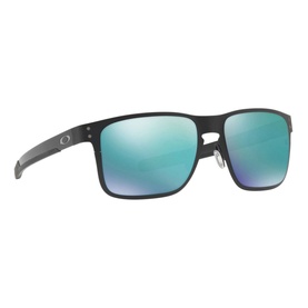Oakley Holbrook OO4123 sunglasses in black metal frame with aqua blue mirrored lenses, angled side view showing temple detail