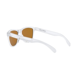 Oakley OO9013 Frogskins&trade; Square Sunglasses in clear frame with amber lenses, shown from side angle highlighting temple arm detail