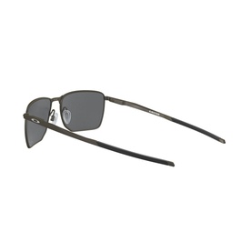Oakley Rectangle Sunglasses 0OO4142 in gunmetal, side profile view showing slim metal frame, black temples and grey lenses