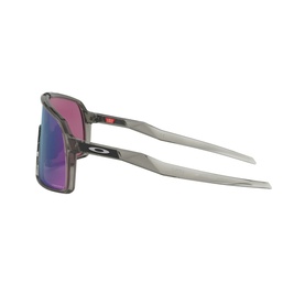 Oakley Shield Sunglasses 0OO9406 in grey with wraparound frame, purple-tinted lenses, side profile view