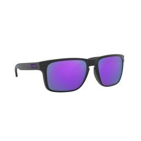 Oakley Square Sunglasses 0OO9417 in black with violet mirrored lenses, angled three-quarter view