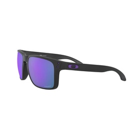 Oakley Square Sunglasses 0OO9417 in matte black with purple mirrored lenses and purple Oakley logo detail on temples