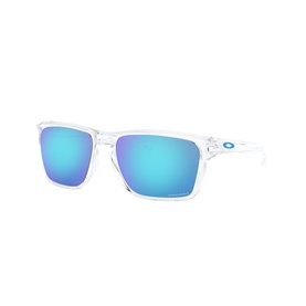 Oakley Sylas Sunglasses OO9448 57 in clear frame with mirrored sapphire blue lenses, square silhouette