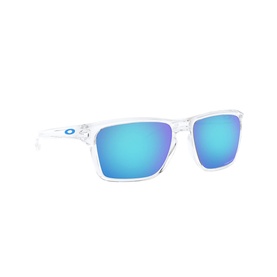 Oakley Sylas Sunglasses OO9448 57 in clear transparent frame with blue mirrored square lenses, three-quarter view