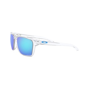 Oakley Sylas Sunglasses OO9448 57 in clear frame with blue mirrored lenses, square silhouette with blue Oakley logo on temples
