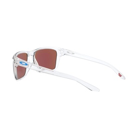 Oakley Sylas Sunglasses OO9448 57 in clear frames with mirrored pink lenses, shown from side angle highlighting temple detail