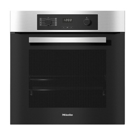 Miele Built In Large Capacity A+ Rated Single Oven in silver, with black glass door, digital display, and dial controls