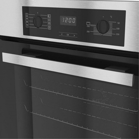 Miele Built In Large Capacity A+ Rated Single Oven in silver, showing digital clock display, black control knobs and glass door
