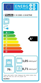 Miele Built In Large Capacity A+ Rated Single Oven EU energy label showing A+ rating, 1.05 and 0.71 kWh/cycle consumption