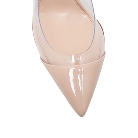Gianvito Rossi Calabria Court Shoes in nude patent leather with clear PVC panel, pointed toe, 10.5cm heel, close-up detail view
