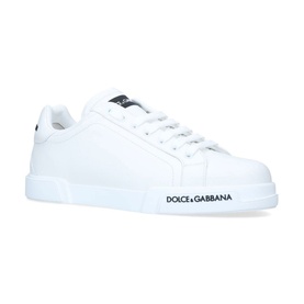 Dolce & Gabbana Portofino Clean Trainers in white leather, low-top with lace fastening, black logo detail, and tonal white rubber sole