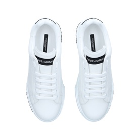 Dolce & Gabbana Portofino Clean Trainers in white leather, low-top with lace fastening, black branded heel tab and tonal sole, top-down view