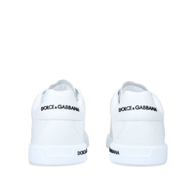 Dolce & Gabbana Portofino Clean Trainers in white leather, rear view showing embossed logo heel tabs and tonal white rubber sole