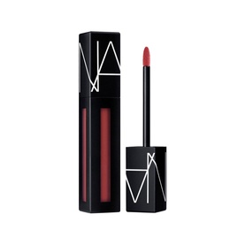 NARS Powermatte Lip Pigment liquid lipstick in deep red, shown with open wand applicator beside black branded packaging