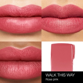 NARS Powermatte Lip Pigment in Walk This Way, rose pink shade shown in three lip swatch close-ups alongside product pencil