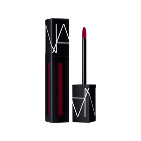 NARS Powermatte Lip Pigment liquid lipstick in deep red, shown with open wand applicator beside square black bottle
