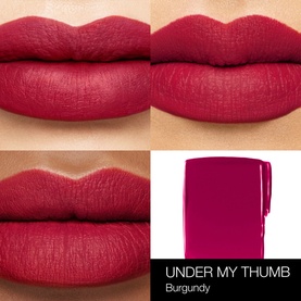 NARS Powermatte Lip Pigment in Under My Thumb Burgundy, shown in three lip swatch shades and product bullet close-up
