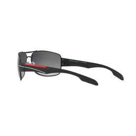 Prada Linea Rossa Rectangle Sunglasses PS 53NS in black metal frame, shown from rear angle with red logo detail on temple