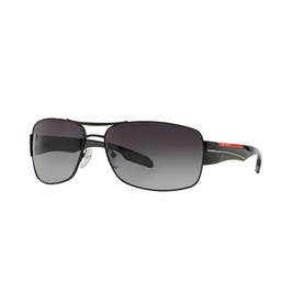 Prada Linea Rossa PS 53NS sunglasses in black, rectangular metal frames with gradient grey lenses and red temple detail