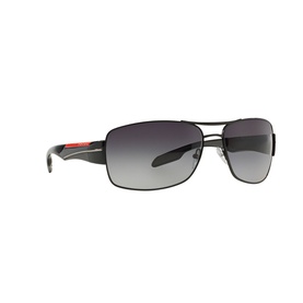 Prada Linea Rossa PS 53NS sunglasses in black, rectangular metal frame with double bridge, gradient grey lenses and red temple detail