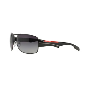 Prada Linea Rossa PS 53NS sunglasses in black, rectangular aviator frame with gradient grey lenses and red temple detail