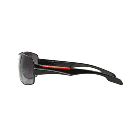 Prada Linea Rossa PS 53NS sunglasses in black, side profile view showing wrap frame, red logo detail on temple arm