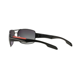 Prada Linea Rossa PS 53NS sunglasses in black, rectangular metal frames with red accent detail and dark gradient lenses, angled rear view