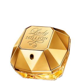RABANNE Lady Million Eau de Parfum 80ml, faceted gold geometric bottle with engraved script logo