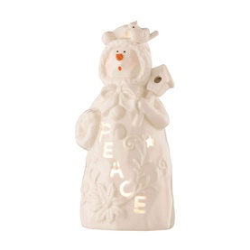 Belleek Peace Snowman Votive in white ceramic with PEACE lettering, holding birdhouse, LED light-up design, includes bulb and batteries