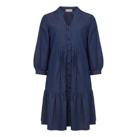 Phase Eight Penele Swing Dress in blue, button-front, V-neck, tiered skirt, three-quarter puff sleeves, midi length