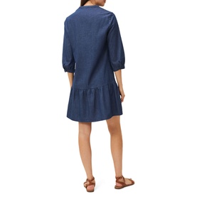 Model wearing Phase Eight Penele Swing Dress in blue denim cotton, featuring 3/4 sleeves, collared neckline and tiered hem, styled with tan sandals